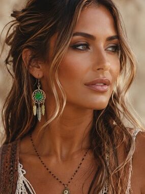 Boho Dreamcatcher Feather Earrings with Green Accent -